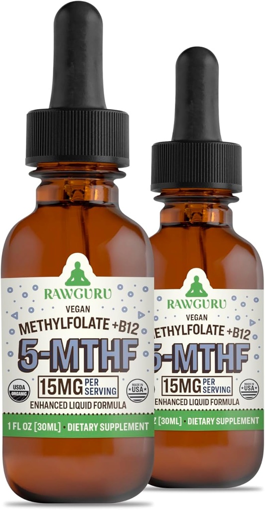 RawGuru L-Methylfolat 15 mg + Vitamin B12 - Organic Vegan Methylated B12 med spårmineraler - Nano-Processed & Enhanced Liquid Formel - 300 portioner Vegan Drops per 30 ml, Pack på 2