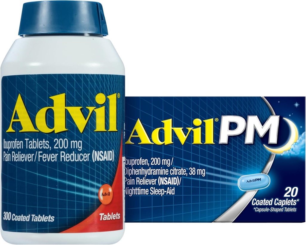 Advil Pain Reliever och Fever Reducer, Ibuprofen 200mg för smärtlindring - 300 greve, Advil PM Pain Reliever och Nighttime Sleep Aid, Ibuprofen för smärtlindring och Diphenhydramine Citrate - 20 greve