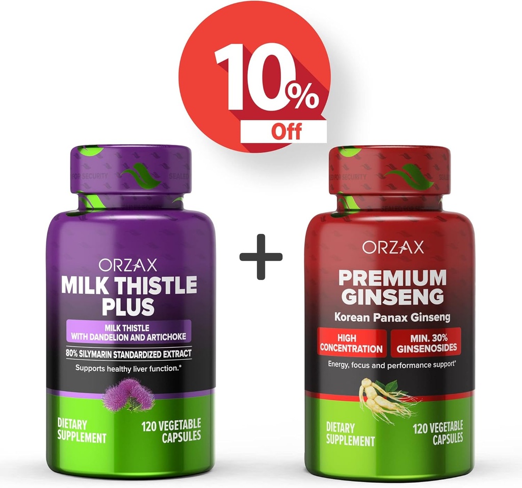 ORZAX Milk Thistle Plus 120 Vegatable kapselit ja Premium Ginseng 120 Vegatable kapselit, Bundle