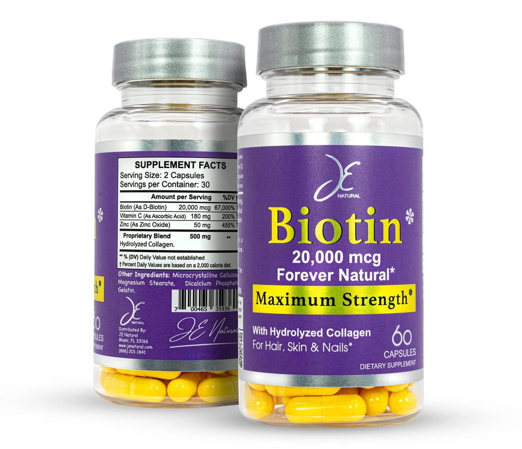JE Natural Biotin Hair Skin och Nails Vitaminer, vitamin C, Biotin och Kollagen Supplements som gör håret växa snabbare och längre, för alla åldrar, 60 kapslar av Biotin 20000mcg Maximal Styrka.