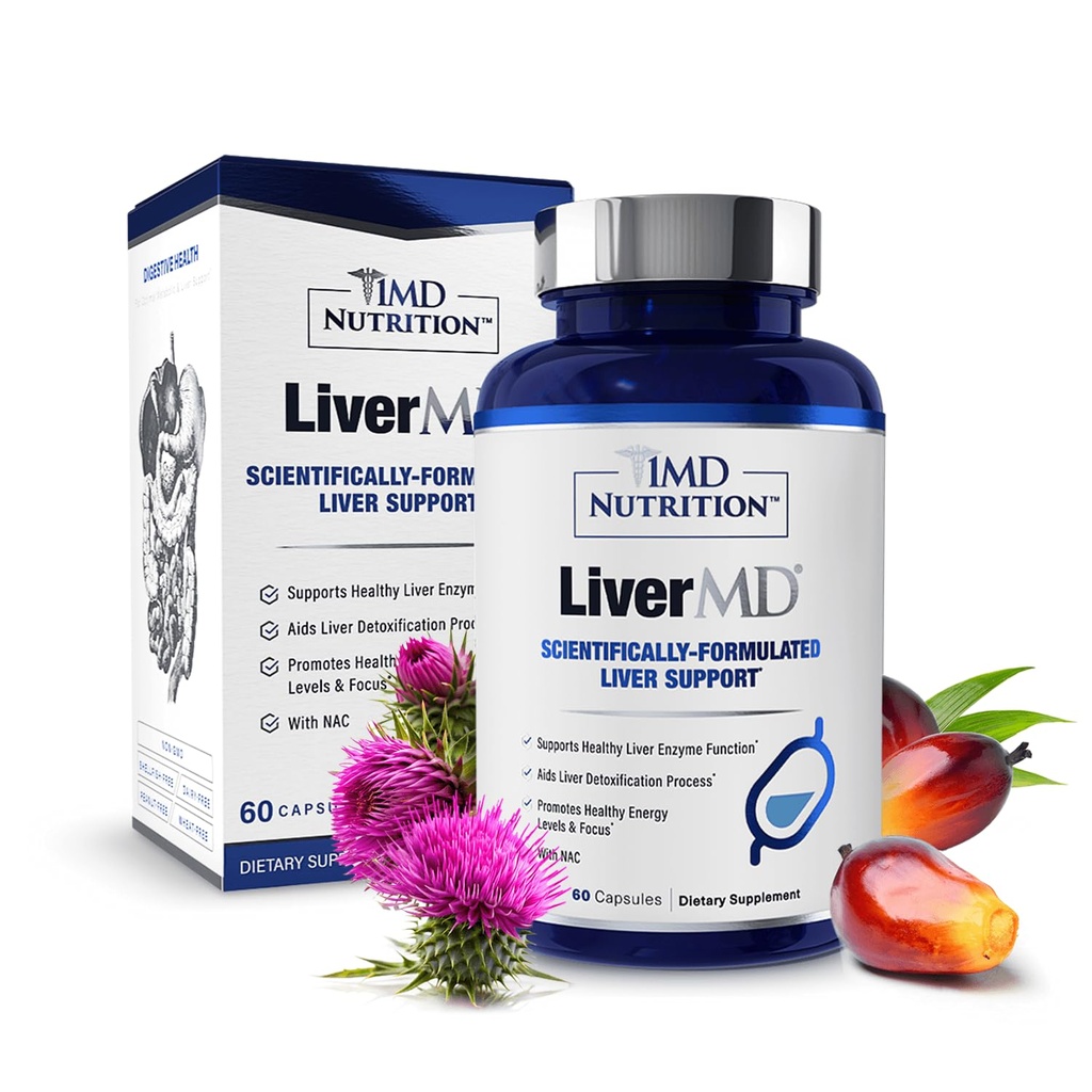 1MD Nutrition LiverMD - Liver Support Supplement ... Siliphos Milk Thistle Extract & NAC - Tukee tervettä energiaa, immuniteetti & yleinen terveys - Maksan puhdistus & tuki 60 kapselia