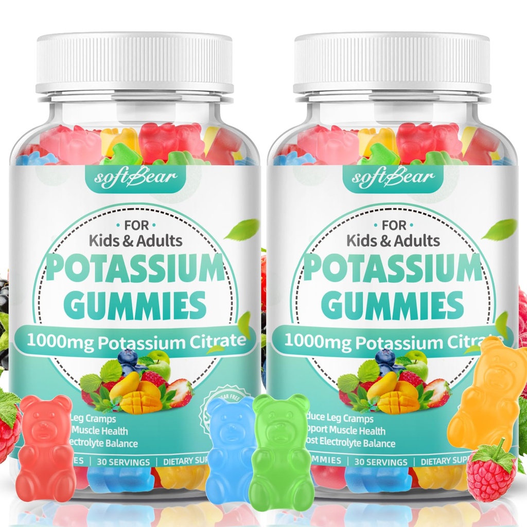 Softbear Potassium Citrate Gummies, High Potency Potassium Citrate 1000mg stöder Leg Cramps & Muscle Health Potassium Gummies för vuxna och barn blandade frukt smak 120 greve