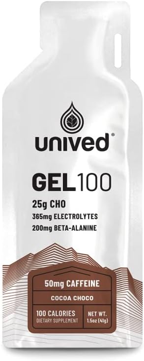 Unived Gel 100 - Vegan Energy Gel Endurance Urheilijat & Pyöräilijät - 100kcal - kaakao Choco - 50mg kofeiini - pakkaus 6
