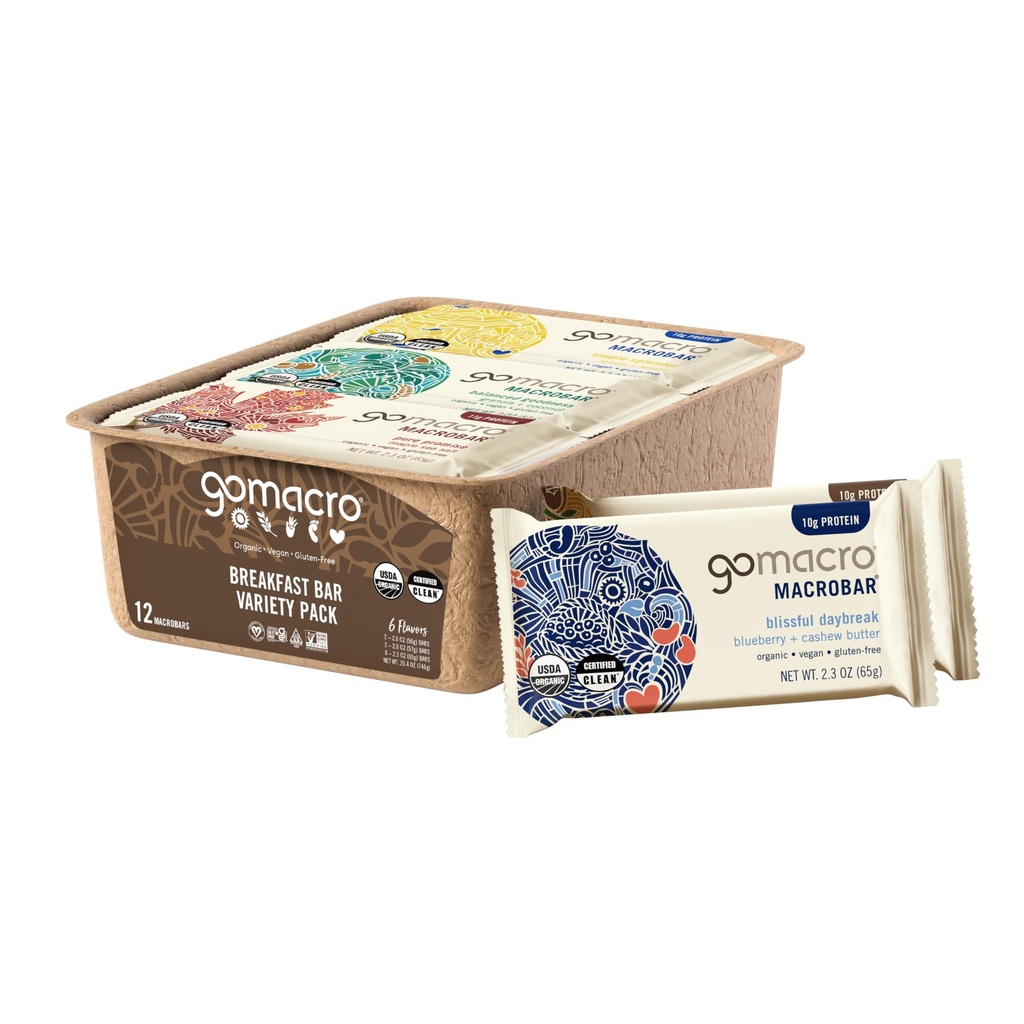 GoMacro Macrobar Organic Vegan Protein Bars, Breakfast Variety Pack, 12