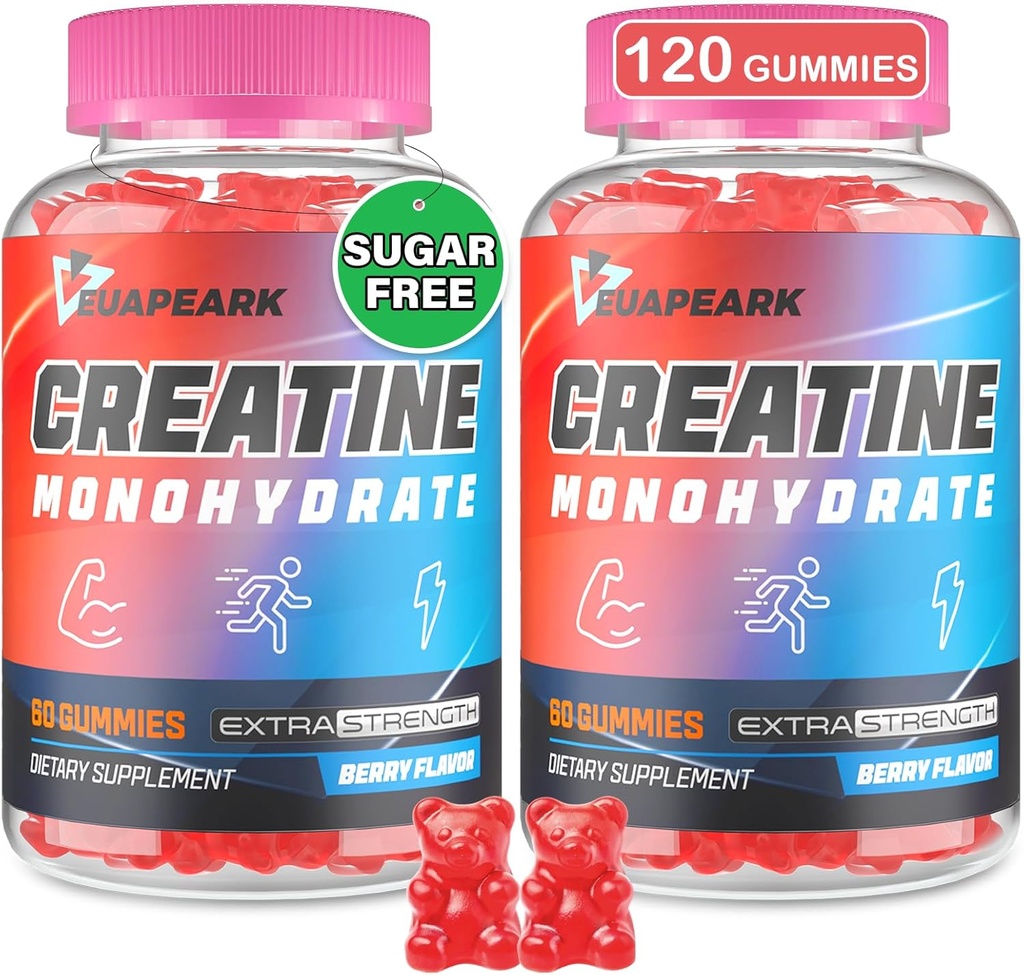 Kreatiini Monohydraatti Gummies, Pre-Workout Chewables Supplement for Women and Men, Creatine Monohydrate with Tauriini & B6 - varten lihas, vahvuus, Endurance & Energy, Vegan (Berry, 120 Gummie)