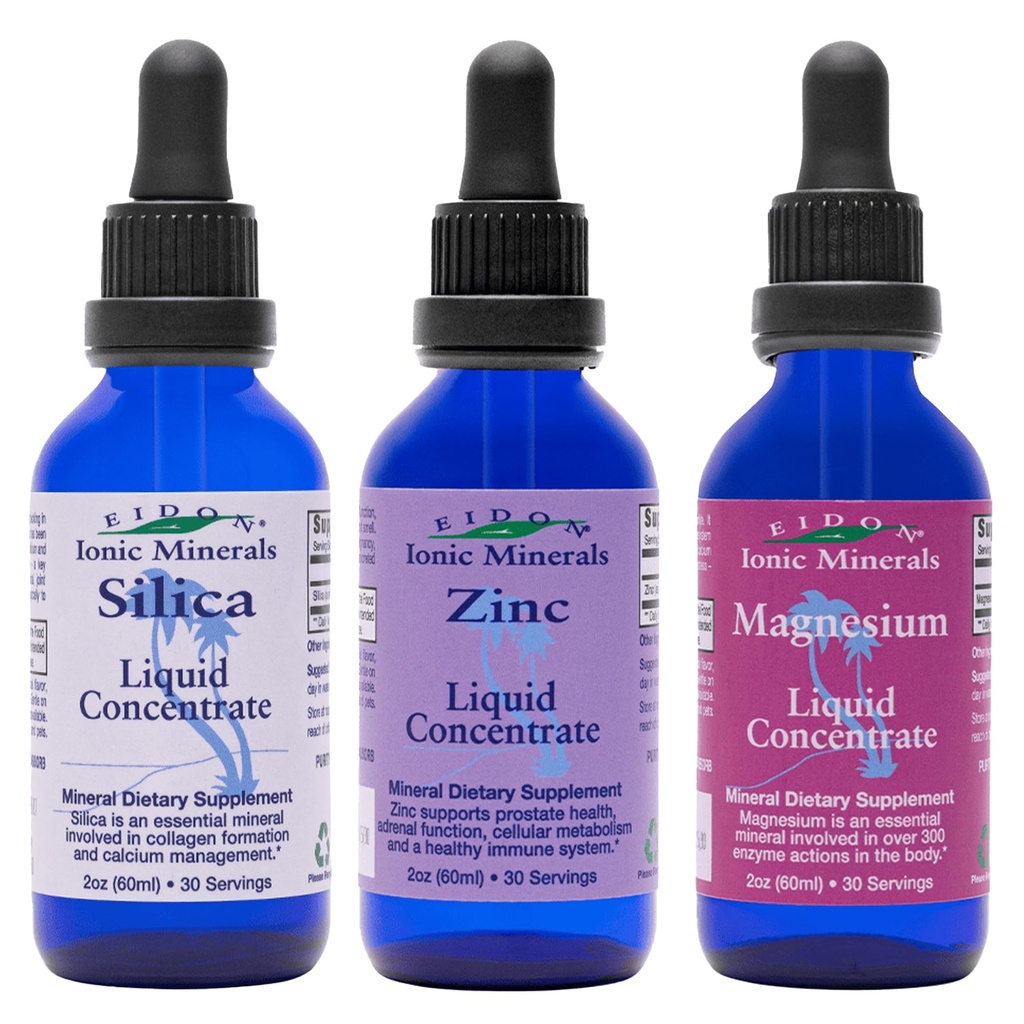 Eidon Ionic Minerals Liquid Silica, Sinkki, & Magnesium Drops Variety Pack - Silika, Sinkki, & Magnesium Supplements, All-Luonnon Trace Minerals, No Säilöntäaineita tai lisäaineita - 2 oz, 3 pakkaus