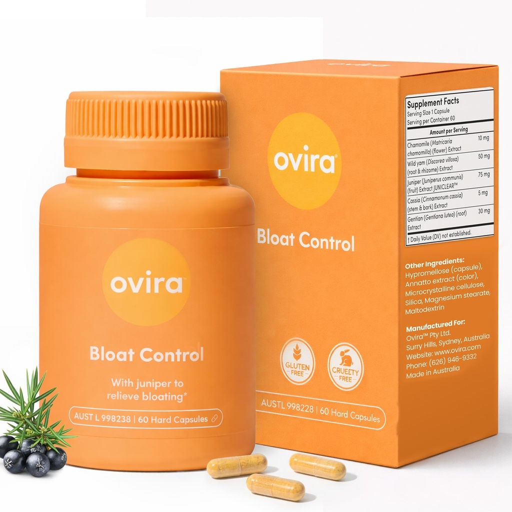 Ovira Bloat Control Supplement med JUNICLEAR - 60 kapslar för gas och uppblåst lindring | Effektiv debatt för kvinnor och män | Hjälper vattenretention och främjar matsmältningshälsa - Pack av 1