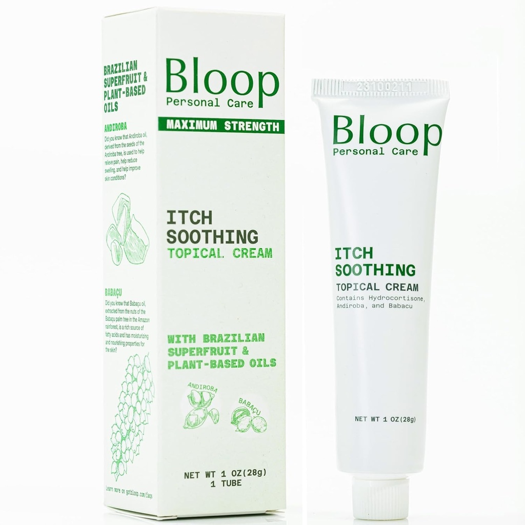 Bloop Anorectal Itch Soothing Cream med hydrokortison, Andiroba / Babacu oljor | Max. Styrka för Rapid Itch Relief & Cooling (1oz)