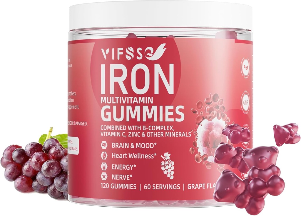 Iron Gummies Sugar Free, 120 Gummies Iron Sugar Complement for Women Monivitamiinia, Vitamiinia ja Sinkkiä naisille, Miehet ja lapset- Rypäle Maku, Vegan täydennysosa, Folaatti energialle - Ei jälkeen maku