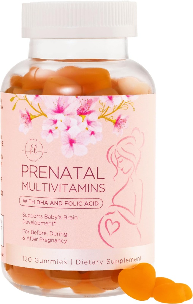 Prenataalivitamiini Gummies - Essential Ravinteet naisille, Raskaus ja sikiön kehitys - Sisältää Folaatti (Foolihappo), DHA, Koliini, D-vitamiini - Valmista, Tuki & ravintoa Terveys - 120 Gummies