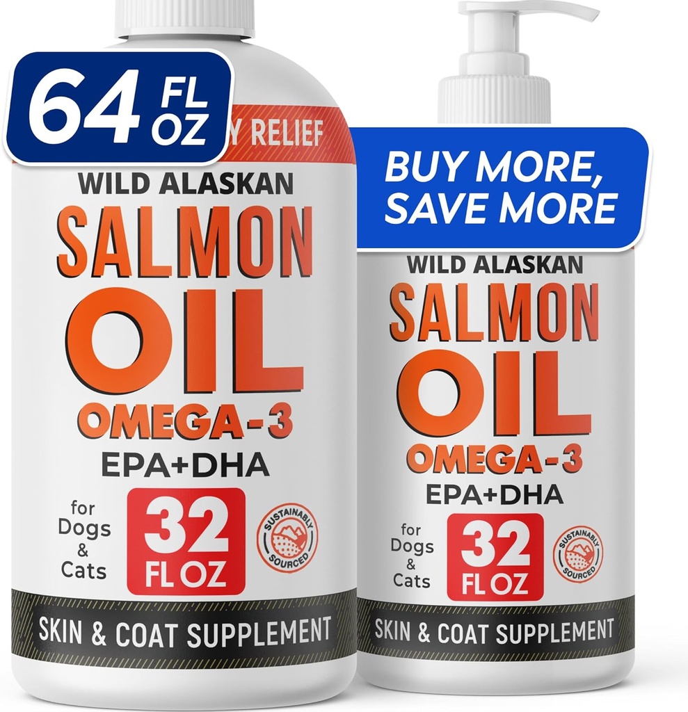 StrellaLab 64 OZ Salmon Oil för hundar - Omega 3 för hundar och katter, Itch & Allergy Relief, Wild Alaskan Salmon Oil Dogs Skin & Coat, Dog Fish Oil Liquid, Shedding Supplement EPA & DHA Fatty Acids - 2Packs
