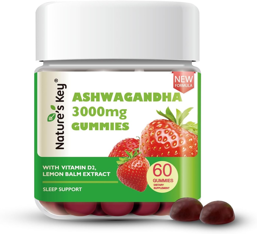 Naturens Key Upgraded 2.0 Ashwagandha Gummies, 3000mg Extra Potency Ashwagandha Supplement | med vitamin D2, Lemon Balm, & Black Pepper , för stressavlastning och bra sömn (60 greve, paket av 1)