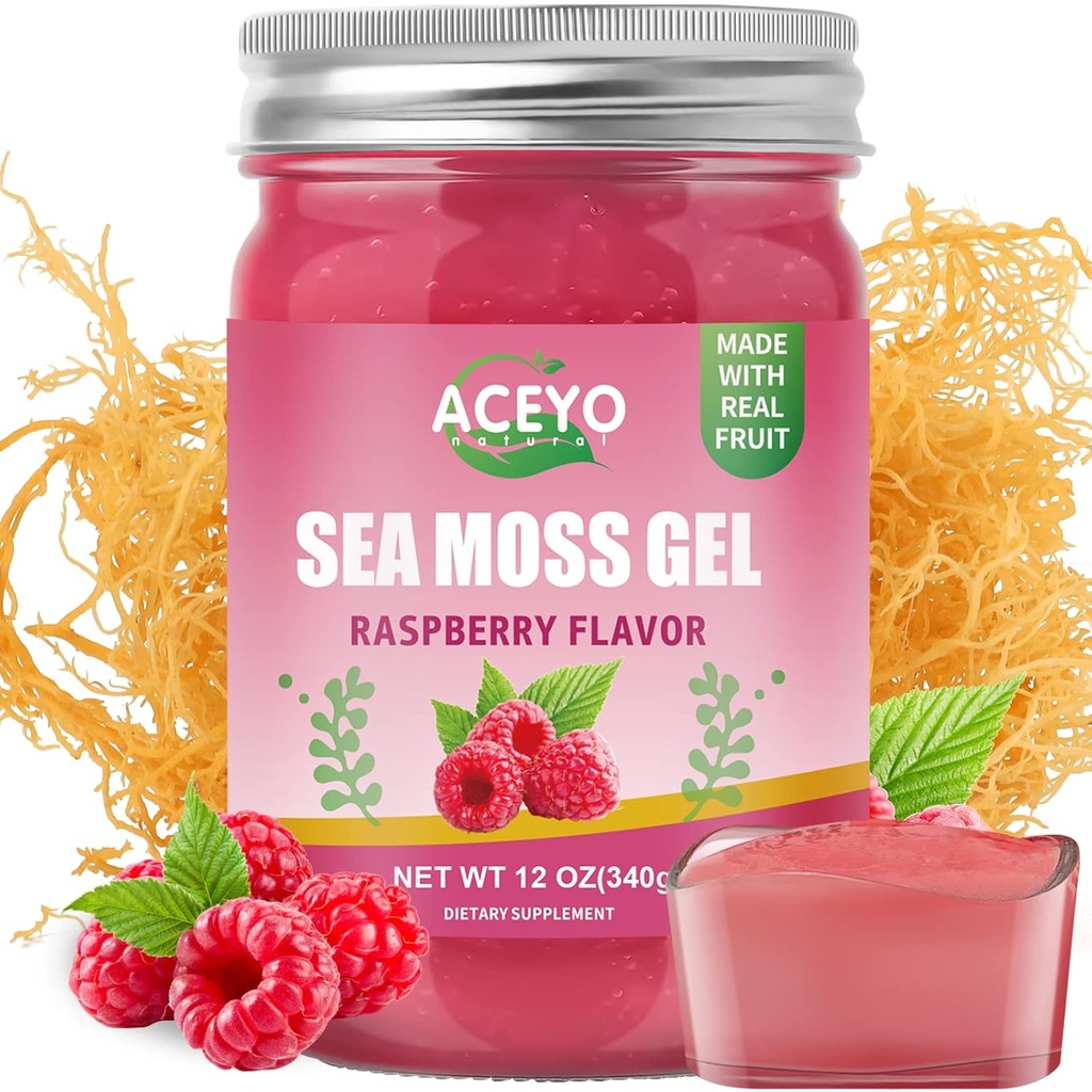 ACEYO (12 OZ) Irish Sea Moss Gel Organic Raw Vegaani Vadelma Maku 102 Vitamiinit ja mineraalit Wild Harvennettu ei-GMO Immuuni puolustus Booster Kilpirauhasen Ruoansulatustuki
