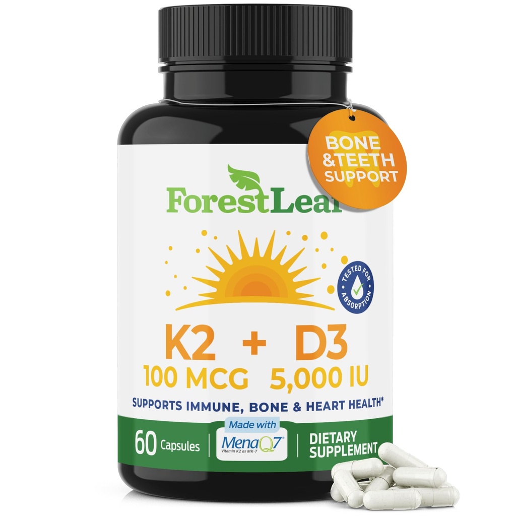ForestLeaf D3 + K2 (MK7) täydennysosa - MenaQ7 - Kalsium ja D3 5000 IU Max Imeytyminen - Hampaat ja luun vahvuus, sydänterveys, immuunijärjestelmän tuki - 60 kasviskapselia