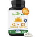 ForestLeaf D3 + K2 (MK7) täydennysosa - MenaQ7 - Kalsium ja D3 5000 IU Max Imeytyminen - Hampaat ja luun vahvuus, sydänterveys, immuunijärjestelmän tuki - 60 kasviskapselia