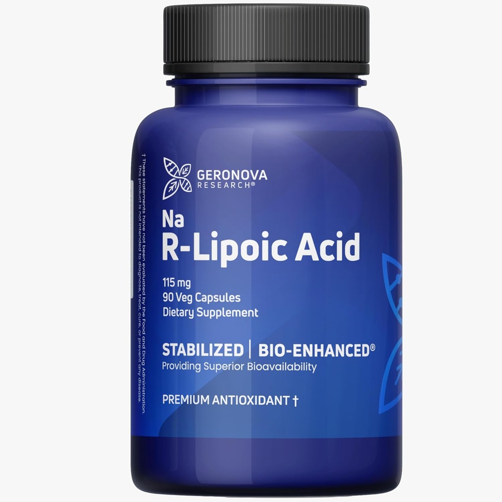 Geronova Research Bio-Enhanced R-lipoiinihappo, 115 mg kapselit - 3 kuukauden toimitus - vakaa R Alpha Lipoic Acid with Enhanced Imeytyminen - R Lipoic Acid Supplement - 90