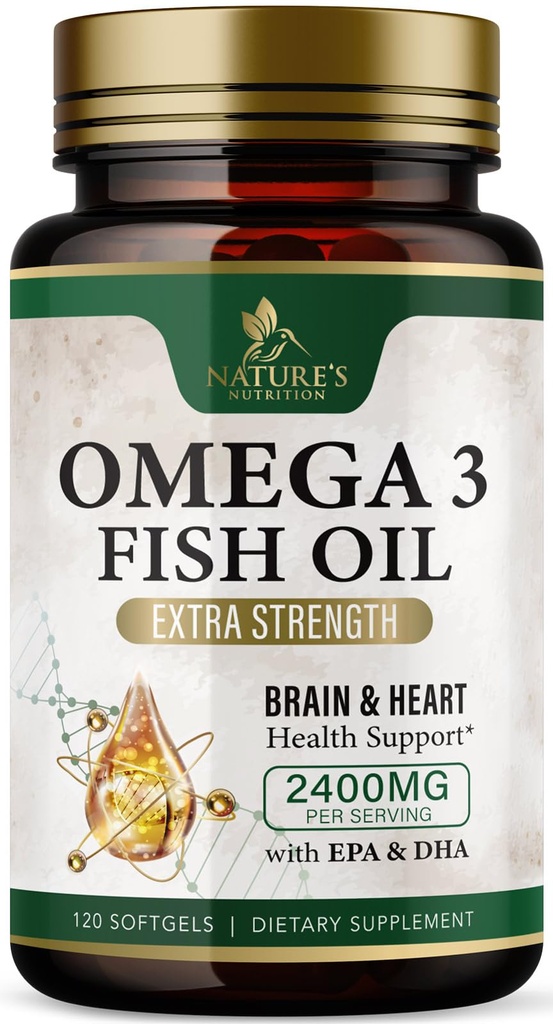 Omega 3 Fish Oil Lisäravinteet 2400 mg - Triple Strength Omega3 - EPA & DHA Essential Facities - Natural Immuuni, Aivot & Heart Health Support - Burpless, Lemon Flavor, Wild Catch - 120 Softgels