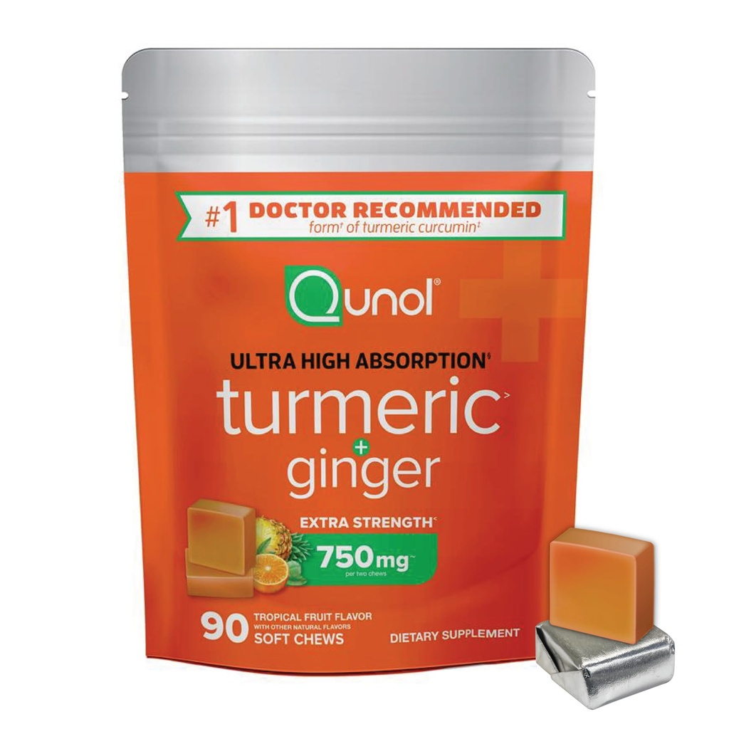 Qunol Turmeric ja inkivääri Soft Chews, 750 mg Turmeeric Supplement, Ultra High Absorptio tukee yhteistä terveyttä, 90