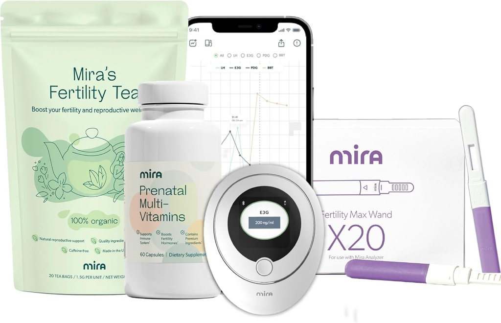 Mira Graviditet Bundle för att försöka bli gravid, digital fertilitet och ägglossning Kit med 20 Max Test Wands, 1 flaska Mira Prenatal Multivitamins (60 kapslar), och 1 väska av fertilitet Tea (20 Tea Bags)