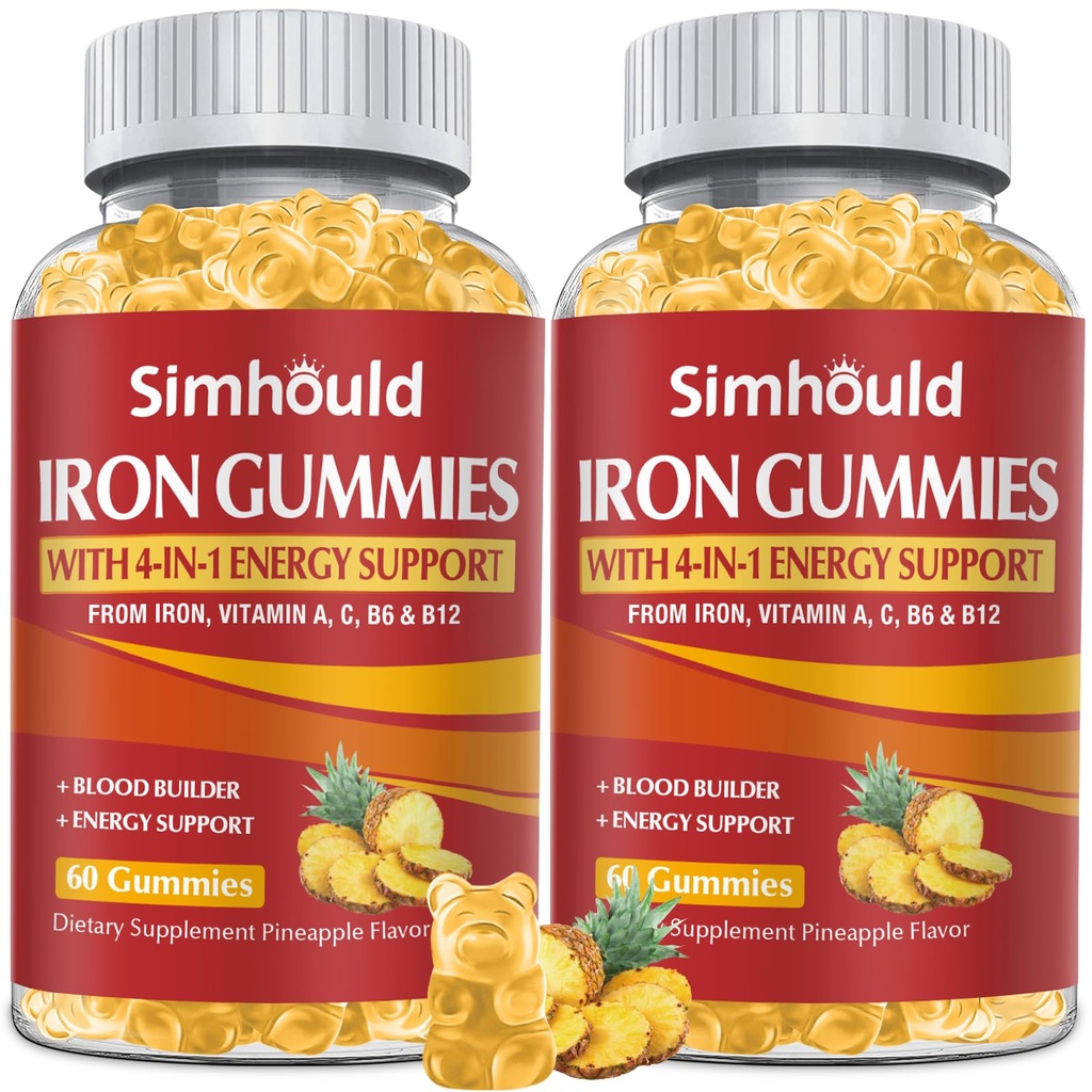 2 Pack Vegan 80MG Iron Supplement Gummies for Women & Men - Vitamin A, C, B för vuxna och barn - Blood & Builder & Energy Support för järnbrist, Anemi, 120 grejer Pineapple smak Gummies