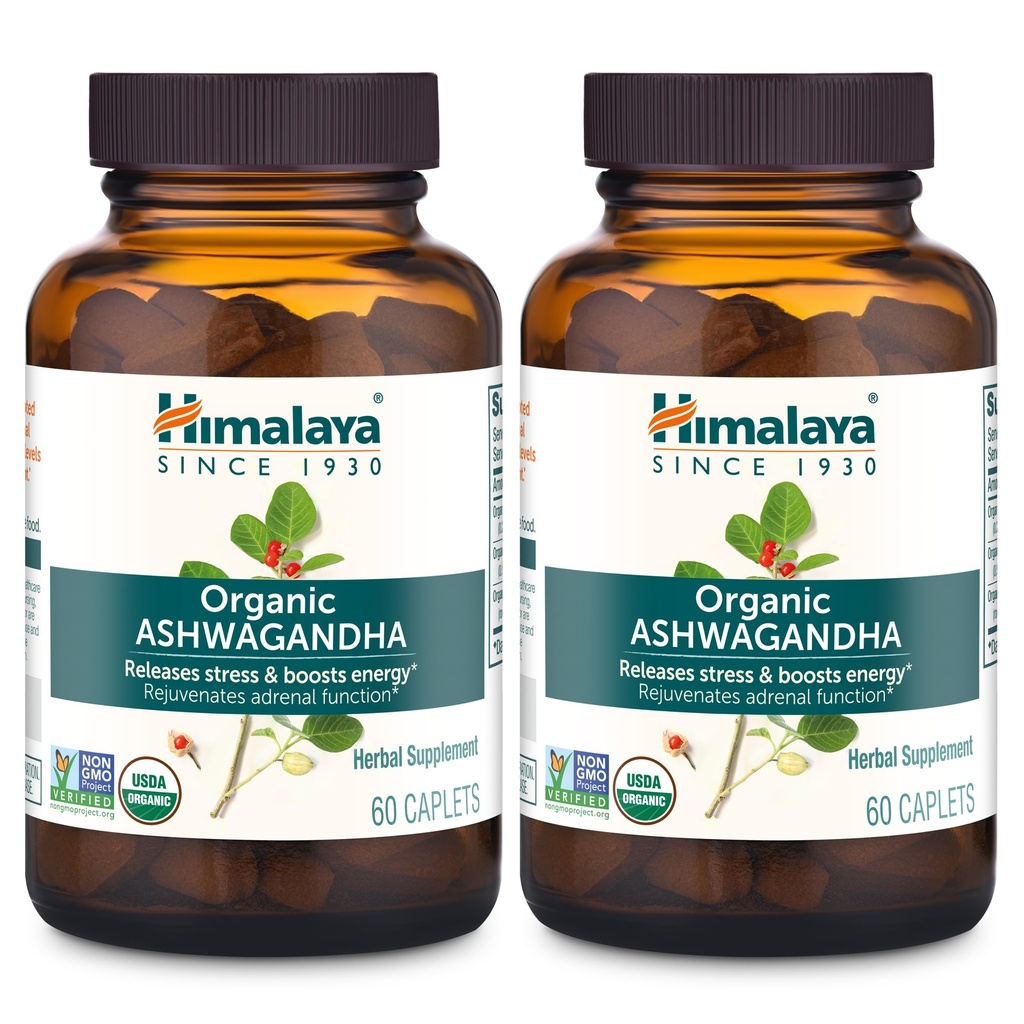 Himalaya Organic Ashwagandha, 120 Day Supply, Herbal Supplement for Stress Relief, Energy Support, Satunnainen Unettomuus, USDA Organic, Ei-GMO, Vegan, Gluteeniton, 670 mg, 60 Caplets, 2 Pack