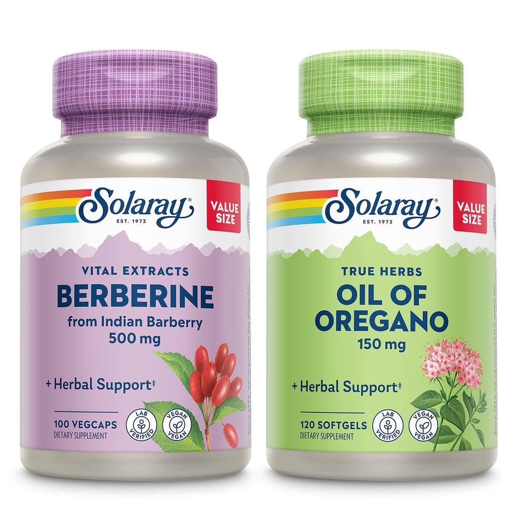 SOLARAY Berberiini ja öljy Oregano Bundle - Berberiini HCl Intian Barberry Plus Oregano Oil Supplement for Powerful Wellness Support - 100 VegCaps / 120 Softgels