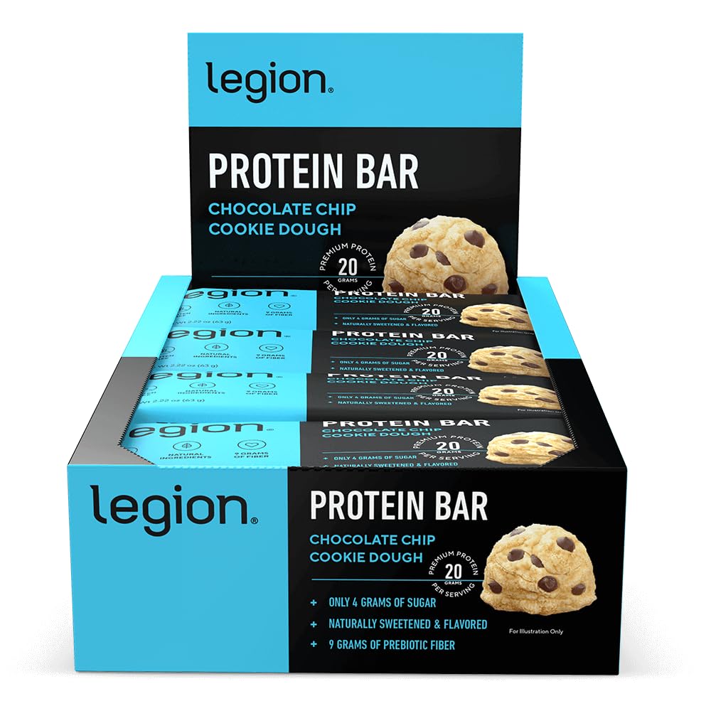 Legion Chocolate Chip Cookie Dough Protein Bar - 100% Whey Protein Bars Low Sugar High Protein med Prebiotic Fiber - Soja-Free, Gluten Free, naturligt smaksatt, låg fett, höga proteinbarer (12 greve)
