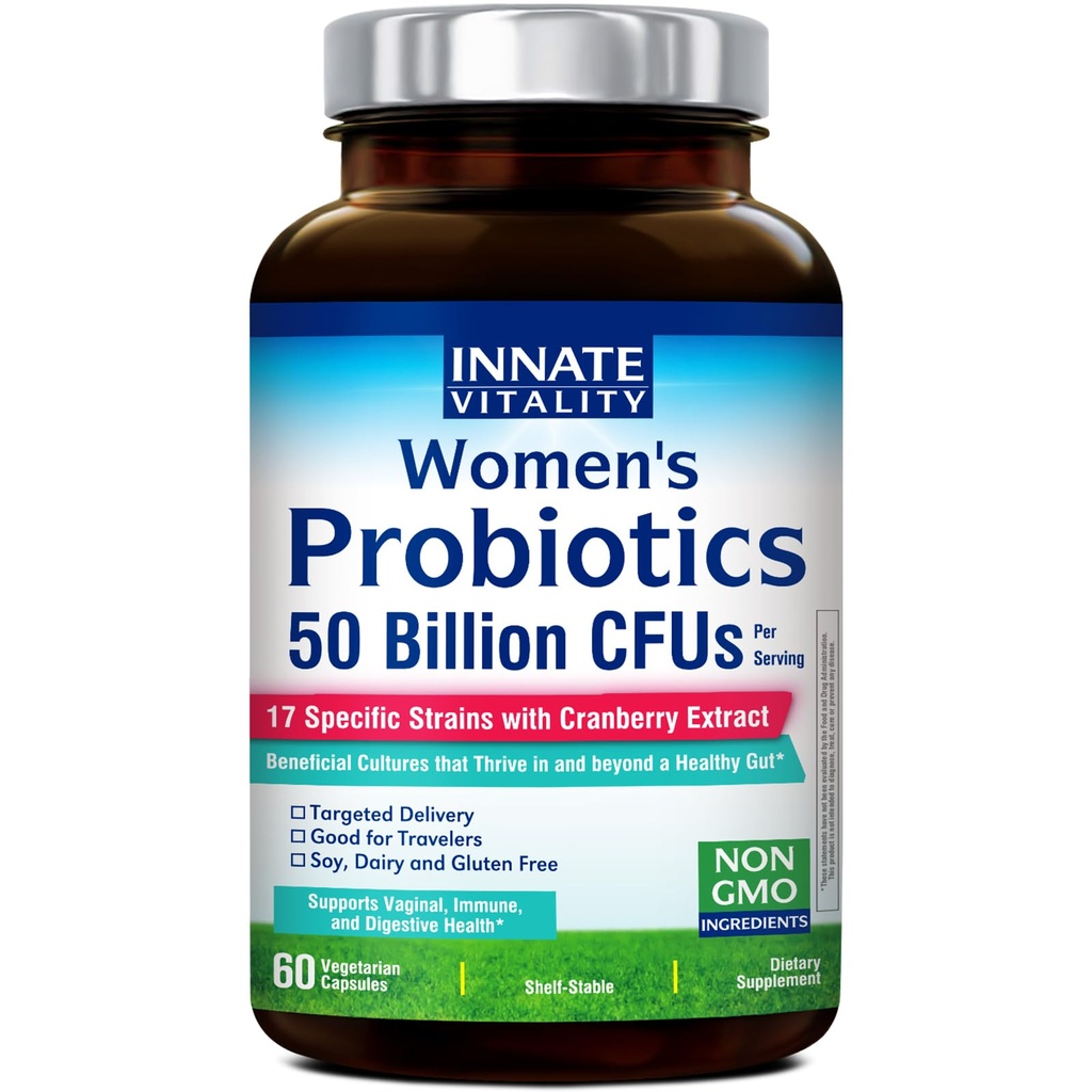 Innate Vitality Probiotics for Women, 50 Billion CFUs, 17 beprövade stammar, 60 Veggie Caps, formulerad med prebiotika och Cranberry Extract, icke-GMO, stöder vaginal, Digestive och immun hälsa