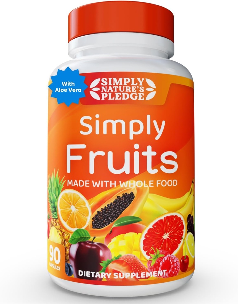 Enkelt naturens löfte - 90 fruktkapslar - Gjord med hela mat Superfoods, packad med 25 olika frukter - 100% Soja gratis