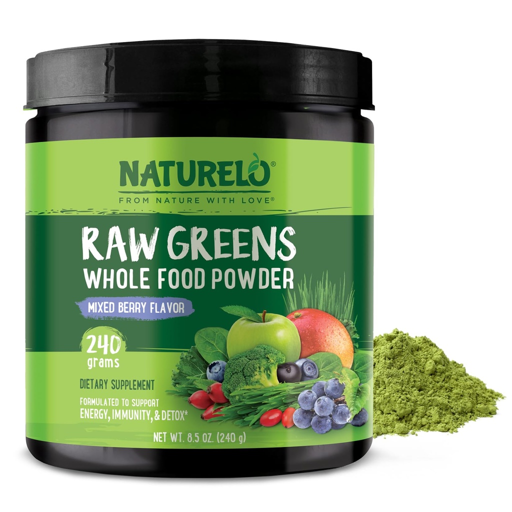 NATURELO Raw Greens Superfood Powder 240 Grams, Mixed Berry - Stöder energi, immunitet och Detox - Inkluderar Spirulina, Wheat Grass och Organic Greens för Whole Food Nutrition