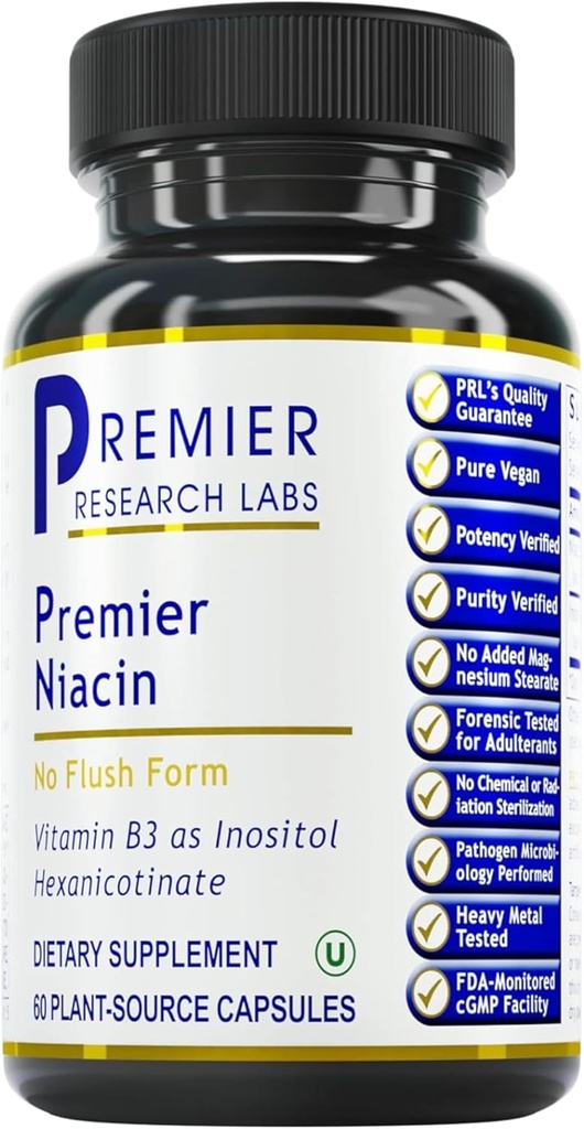 Premier Research Labs Niacin - Flush Free Niacin med Inositol Hexanicotinate, Niacin No Flush, B3 Niacinamide Vitamin Supplement för blodcirkulationsstöd - 60 vegetariska kapslar