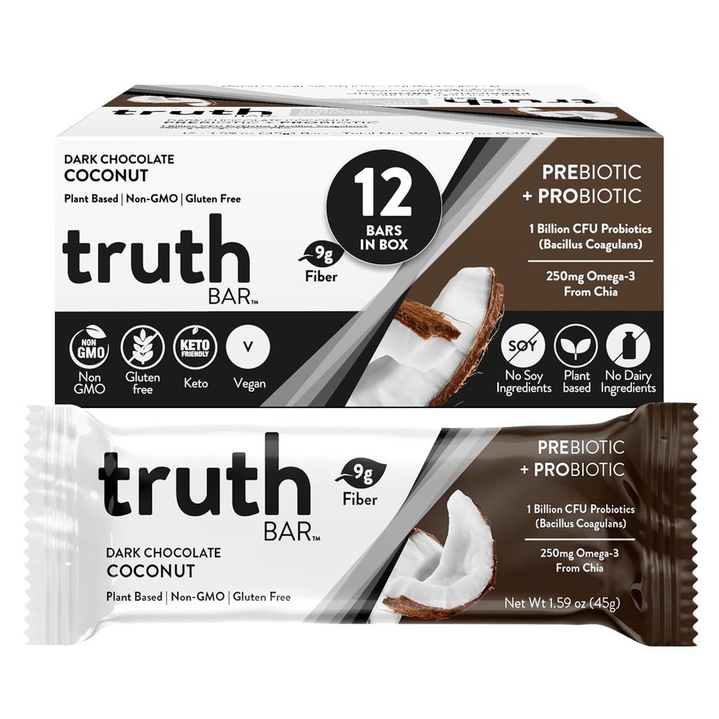 Totuus Bar Terve Snack, Omega 3 Chia, Kasvi perustuu, Prebiootit & Probiootit, Korkea kuitu, Matala sokeri, Keto, Kosher, Tumma suklaa, Vegan, Gluteeniton, 12 Ct, 45g ea.