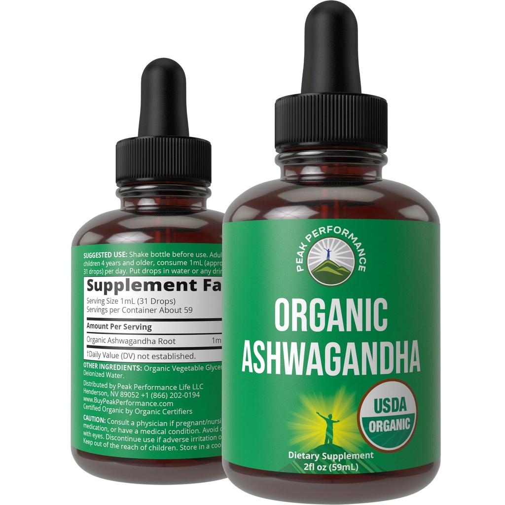 USDA Organic Vegan Supplement. Extra Strength Ashwagandha juuriuute naisille, miehet, lapset. kanssa Adaptogens. Nollasokeri, Luomu, Gluteenittomat Tincture Lisäravinteet.