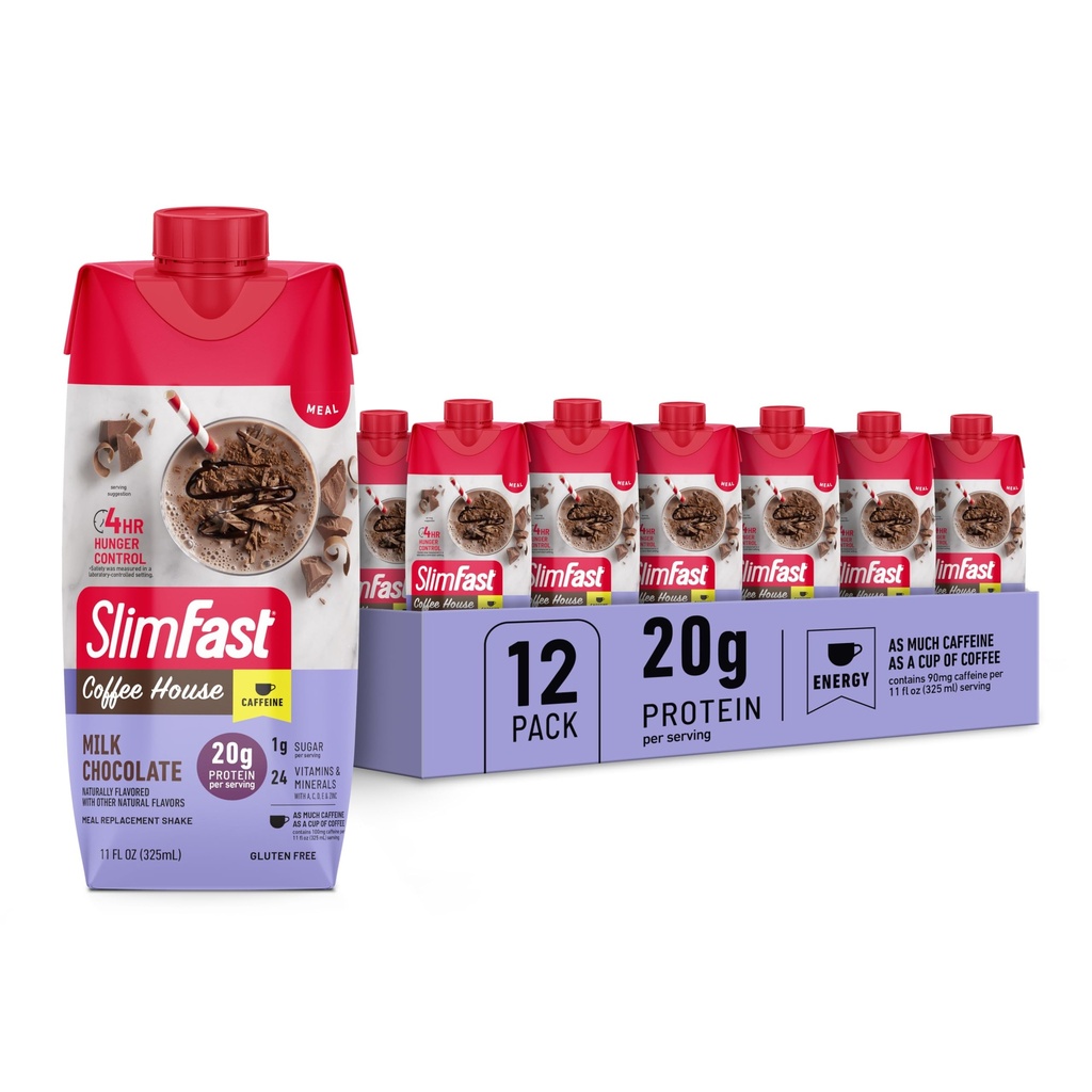 SlimFast Protein Shake, NEW Milk Chocolate- 20g Protein, Meal Replacement Shake Ready to Drink, High Protein med Low Carb och Low Sugar, 24 Vitaminer och mineraler, 11 Fl Oz (Pack av 12)
