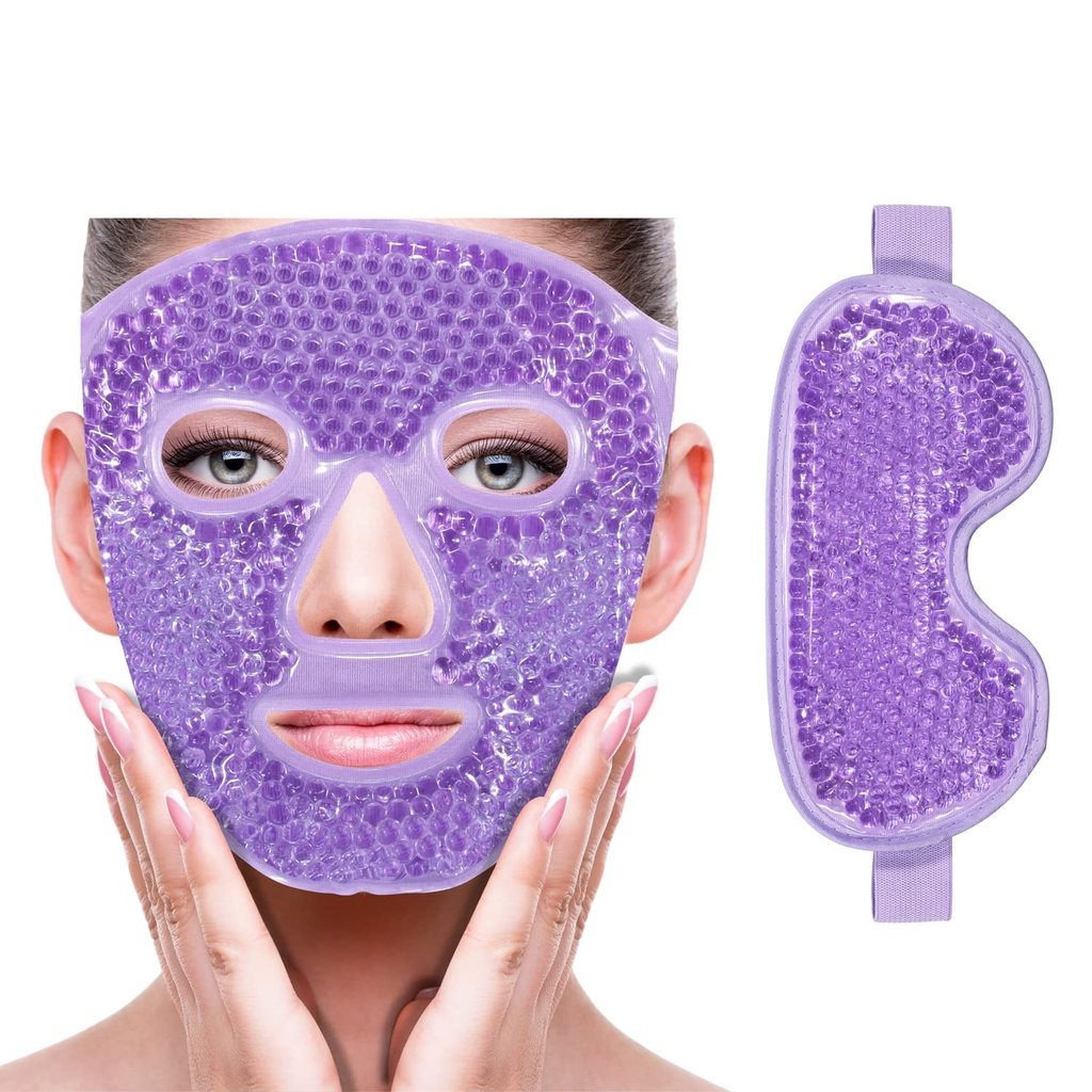 ZNÖCUETÖD Jäähdytys Ice Face Eye Mask vähentää Puffiness, Laukut alle silmät, Sinus, Punaisuus, Kipu helpotus, Pimeät ympyrät, Migreeni, Kuuma / kylmä pakkaus pehmeä pehmo tausta (Purple(1* Eye Mask +1*Face Mask))
