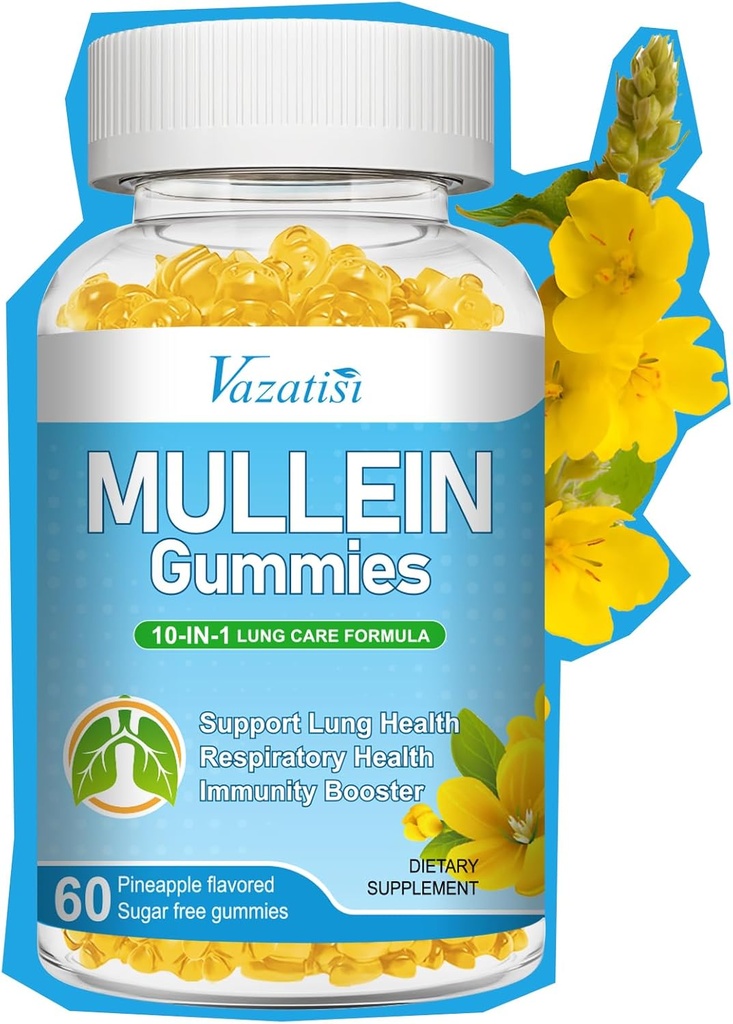 10 i 1 Mullein Gummies för Lungs, Mullein Leaf Extract med Bromelain, Quercetin, Magnesium - Support Lung Cleanse för hälsosam andning, 60ct