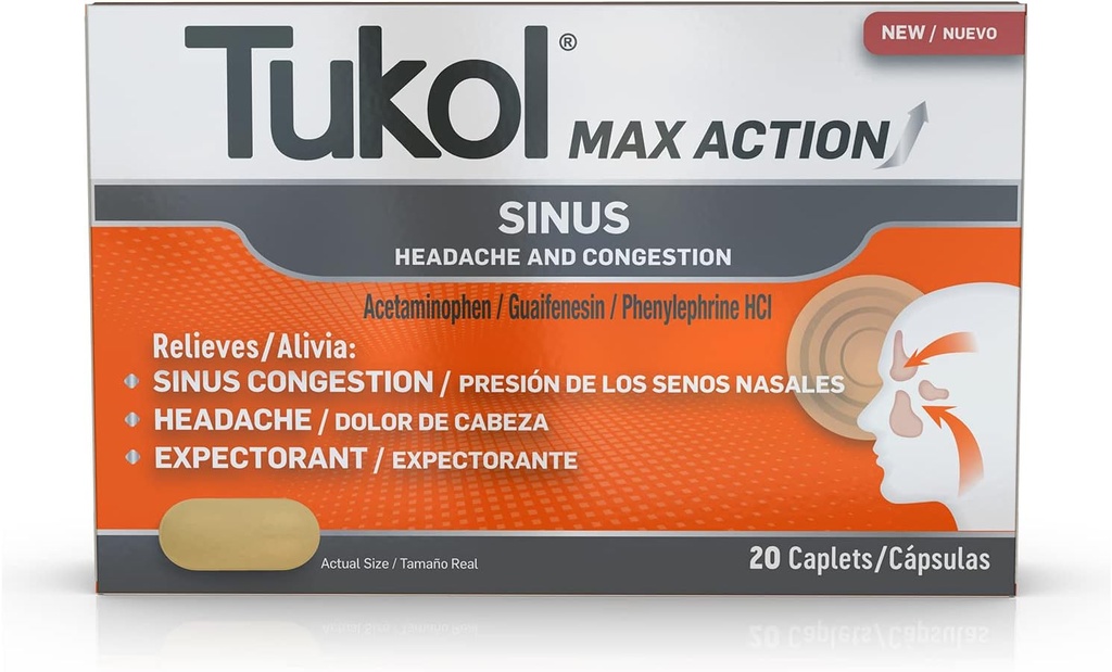 TUKOL Max Action Sinus, Runsaus ja paine Caplets kipu, päänsärkyä lievittävä, odottava, ei-huokoinen, 20