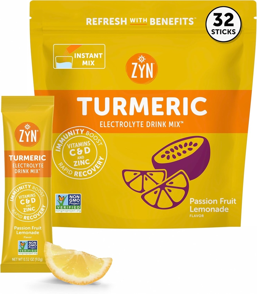 Zyn Electrolyte Drink Mix Hydration Packets, Passion Fruit Electrolytes Powder, Hydration Packets w/Turmeeric Curcumin, C-vitamiini & D, Sinkki, Hydrate & Recover Electrolyte Powder, 32 pakkaus