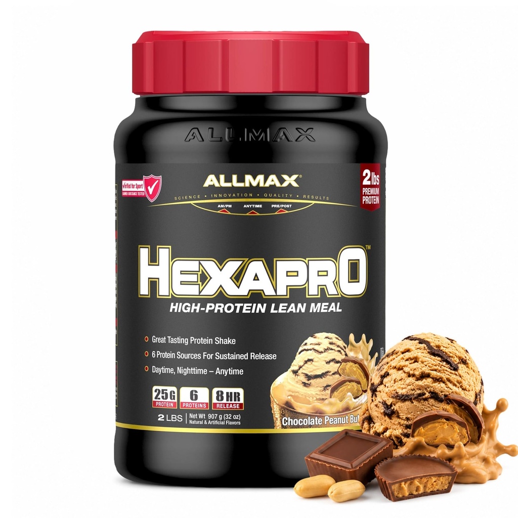 ALLMAX HEXAPRO, Chocolate Peanut Butter - 2 lb - 25 gramman proteiini per Serving - 8-tunnin kestävä julkaisu - nolla sokeria - 21 tarjoilua