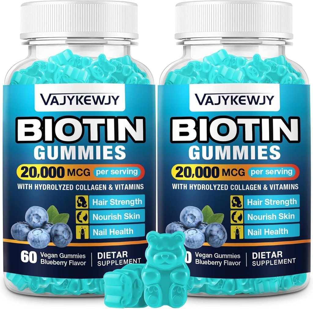 2 Pack Vegan Biotin Gummies för hår, hud och naglar - 20 000 mcg per servering, lämplig för kvinnor och män - 120 gummies