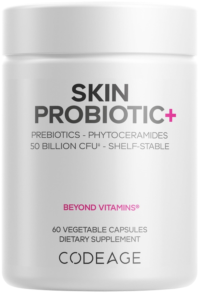 Codeage Skin Probiotics + Prebiotics - Skin Care Routine Supplement - 50 miljarder CFU - Ayurvedic Botanical Herbs - Face Probiotics - Shelf Stable Cleanser, Non-GMO, Vegan - 60 kapslar