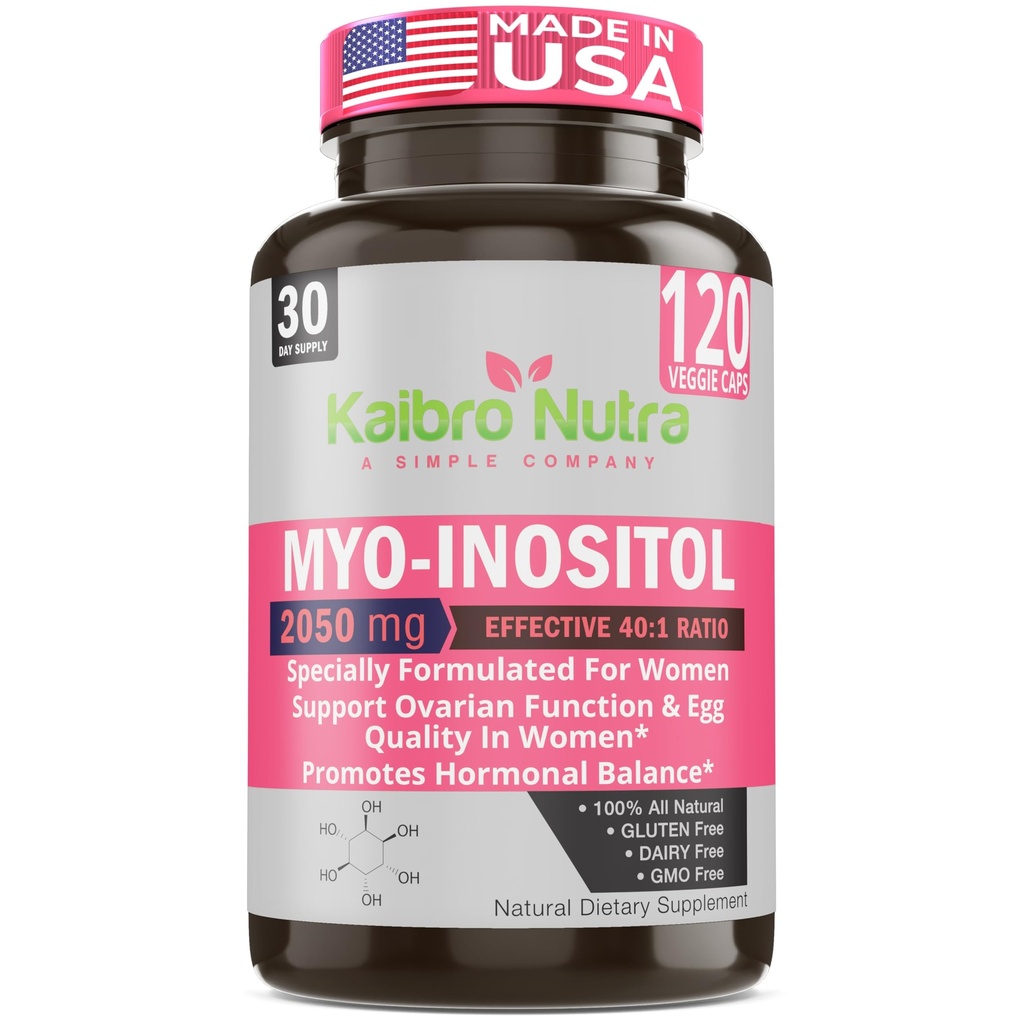 Kaibro Nutra Myo-Inositol Supplement, Myo-Inositol & D-Chiro Inositol 40:1 Ratio, Hormonitasapaino & munasarja tuki naisille B8, 2050mg, Vegan, ei-GMO-kapselit 120 Count