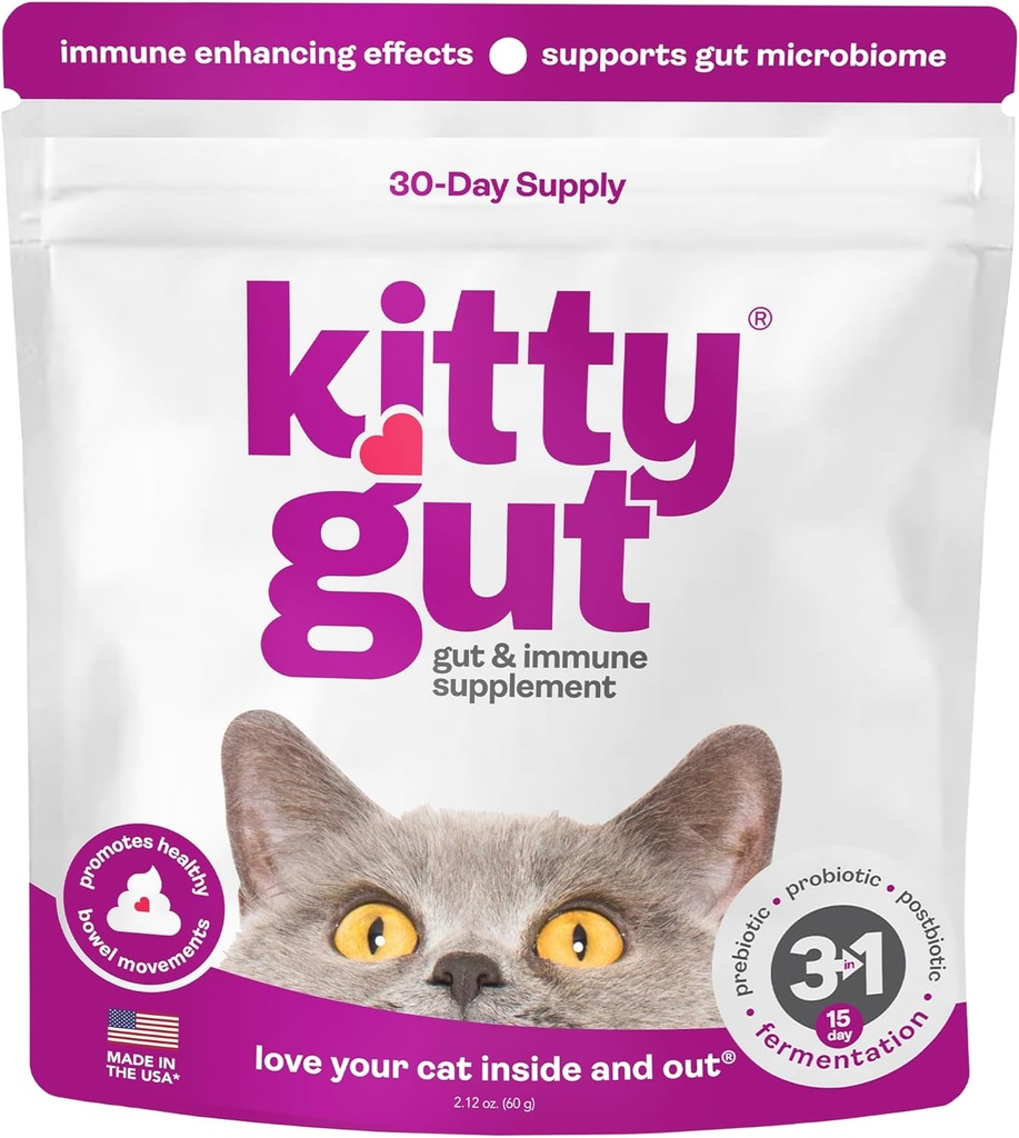 KittyGut 3-i-1 Organic Cat Probiotics & Postbiotic Supplement Powder- Made i USA-Probiotika för katter främjar Gut Health och Cat Digestive Support, Diarrhea och Vomiting (60g)