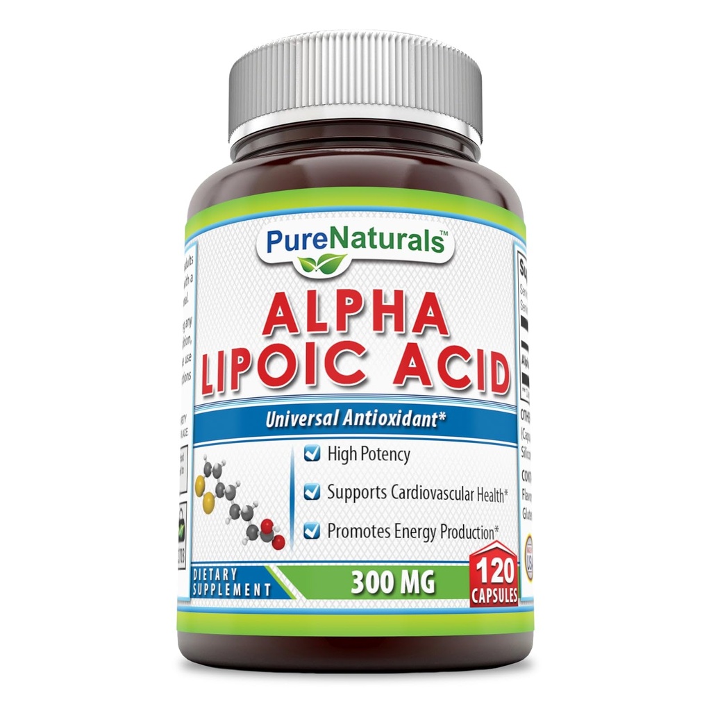 Pure Naturals Alpha Lipoic Acid 300 Mg kapselit, 120Count *Tukee Kardiovaskulaarisia terveys ja energian tuotanto *