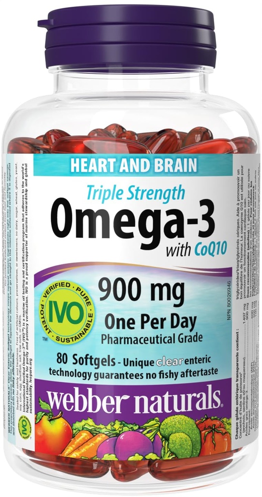 Webber Naturals Triple Strength Omega-3 CoQ10 enteric päällystetty 900 mg Omega-3 (EPA • DHA) / 100 mg CoQ10, 80 caps