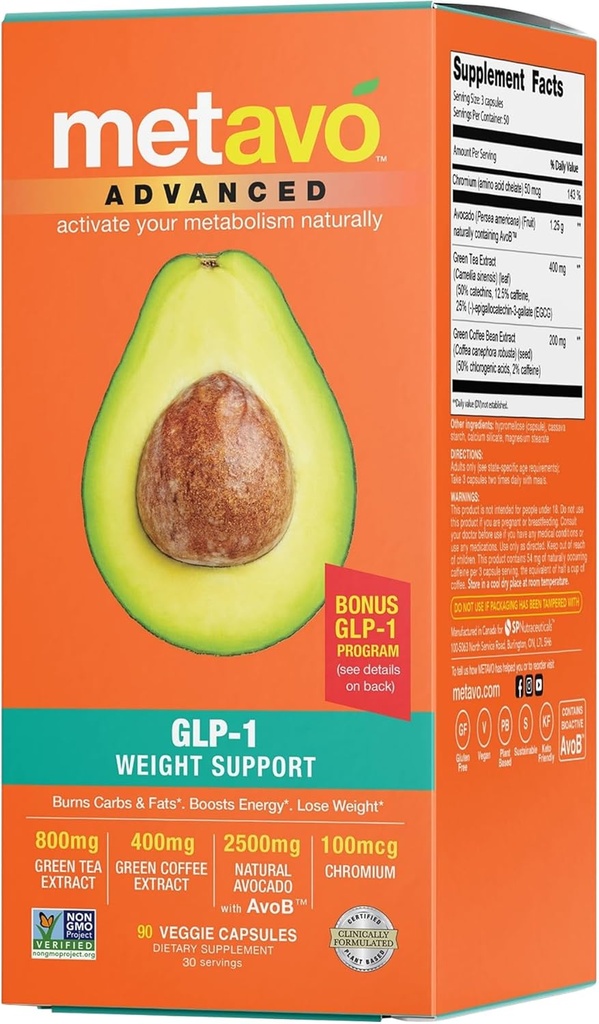 Metavo Advanced Weight Support - Naturkosttillskott med viktiga näringsämnen för att främja välbefinnande, berikat med Avocados, grönt te, krom och grönt kaffe, 90 Easy-to-swallow diet piller