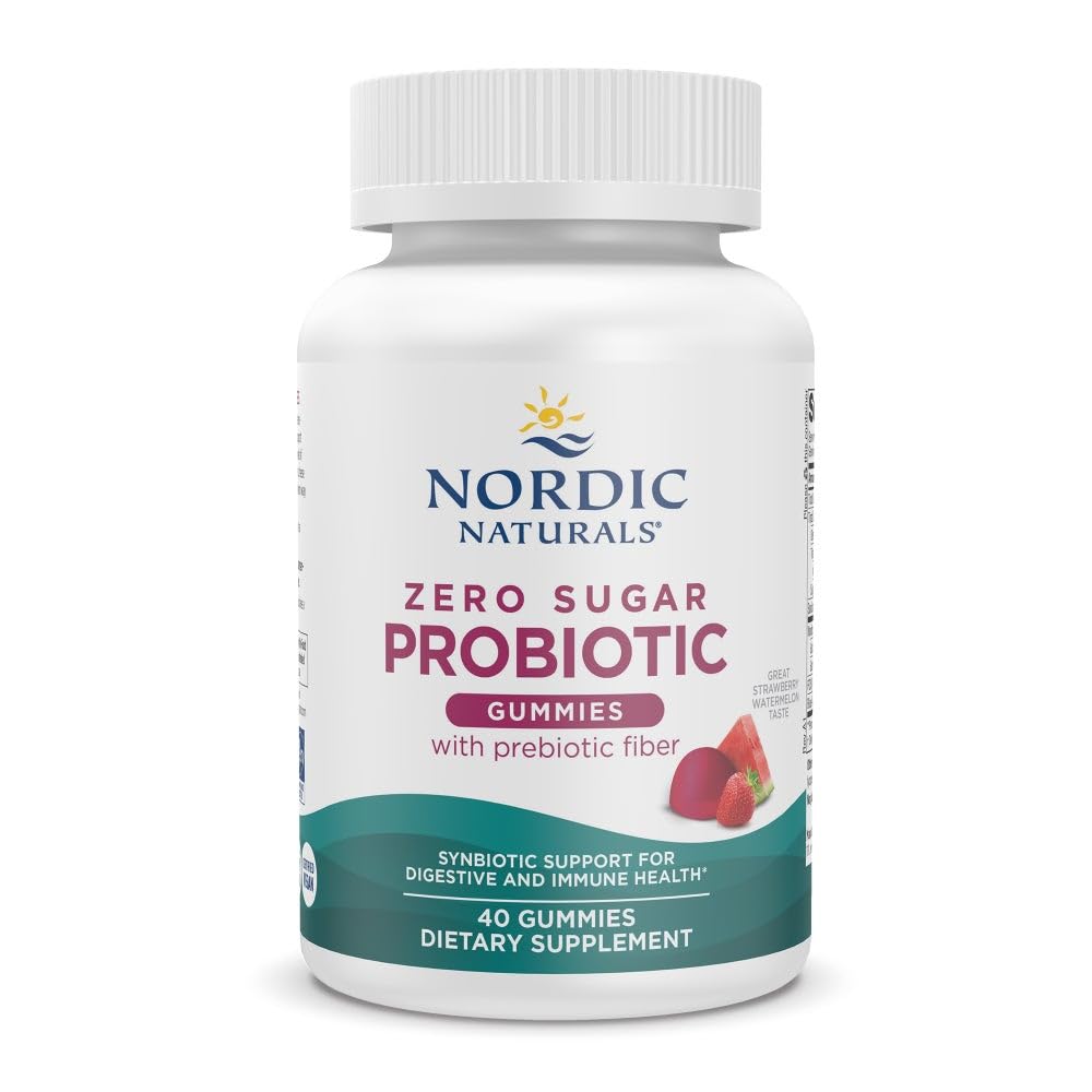 Nordic Naturals Zero Sugar Probiootti Gummies - Mansikka Vesimeloni Maku - 40 Gummies - Tukee Ruoansulatuskyky & Immuuniterveys - Ei-GMO - Kolmas osapuoli Testattu - Vegan - 20 Servings
