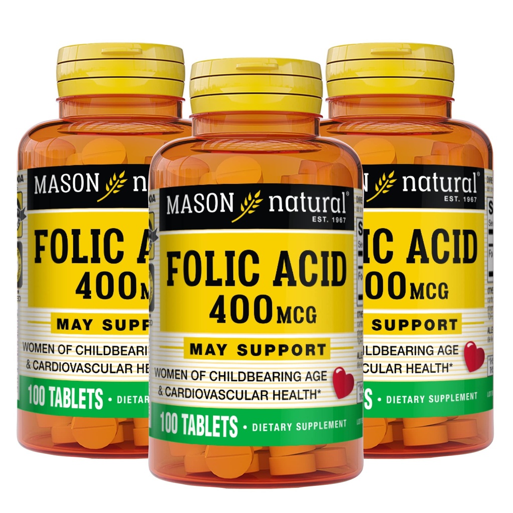Mason Natural Folic Acid 400 mikrog, terveys-, mieliala- ja prenataalihoidon päiväliite, hedelmällisessä iässä oleville naisille, 100 tablettia (paketti 3)