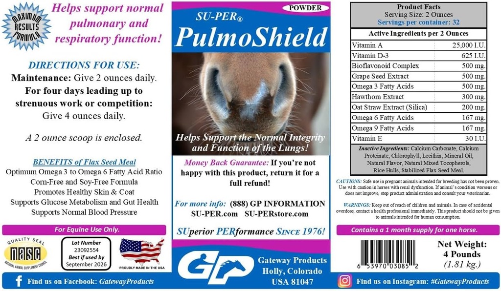 SU-PER PulmoShield Horse hengitysteiden lisäravinteet - tukee terve keuhkojen toiminta hevosissa - normaali keuhkojen ja hengitysteiden tuki - Hevosen vitamiinit ja mineraalit - 4 punta, (2 pakkaus)