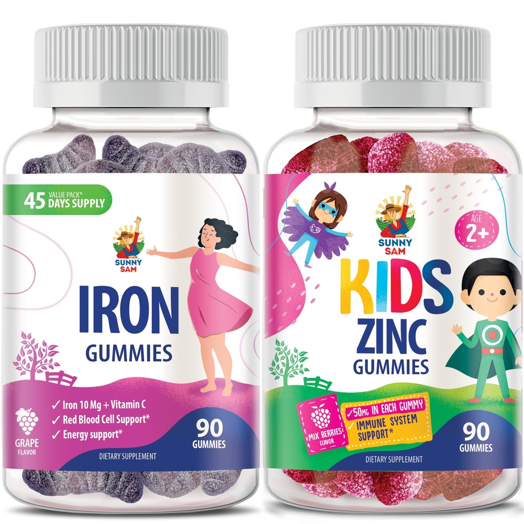 SUNNY SAM Sinkki Gummies lapsille & Iron Gummies aikuisille, Rautavitamiinit C-vitamiini